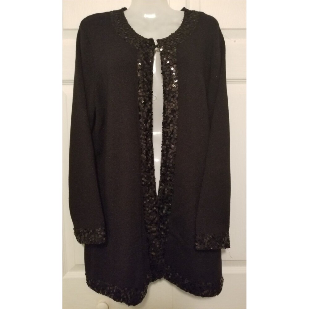 Dana Buchman Women's Knit Cardigan Sequin Trim Black Open Metallic Accent XL